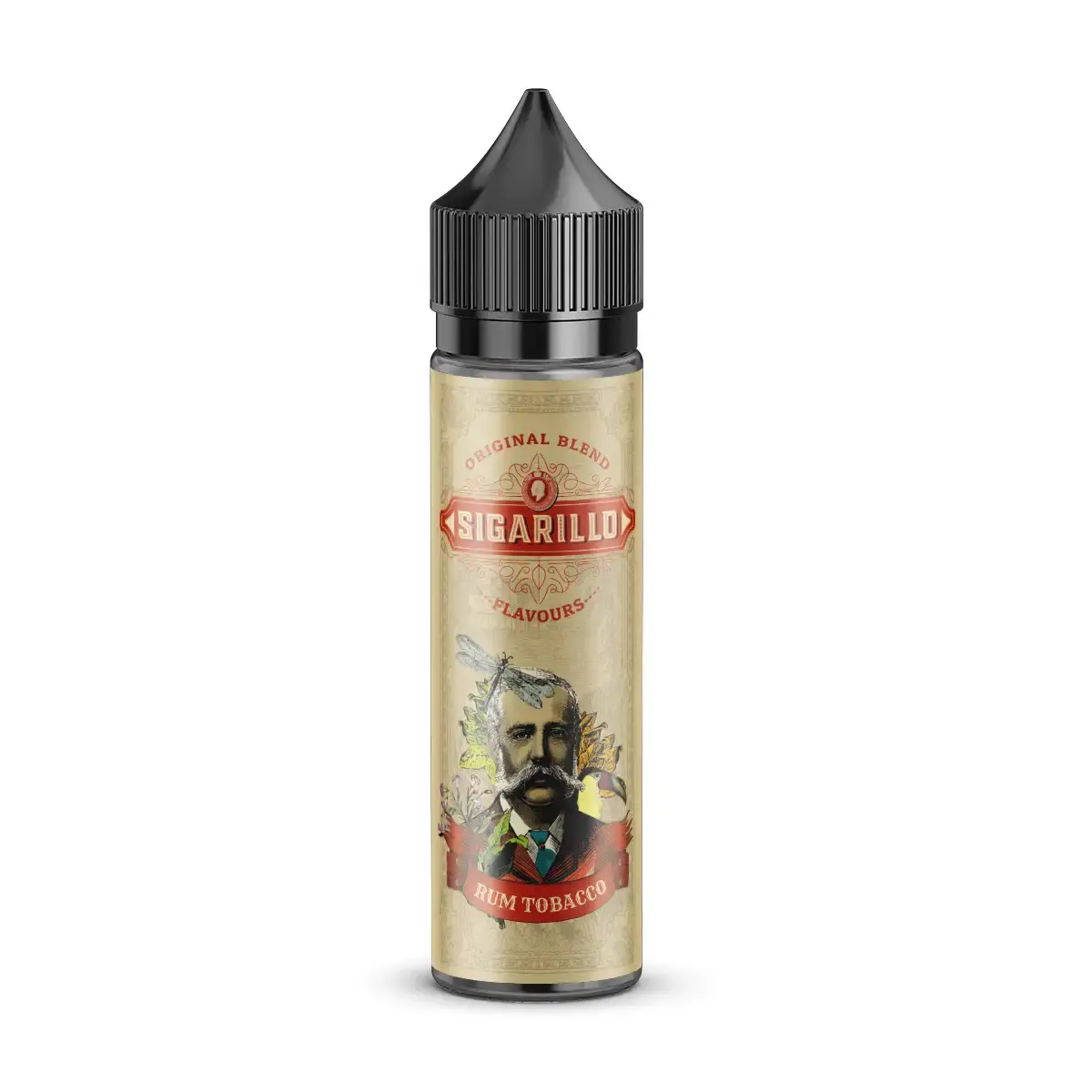 Sigarillo Longfill 60ml Flasche mit warmem braunrotem Label und Herren-Portrait – Sigarillo Rum Tobacco Longfill
