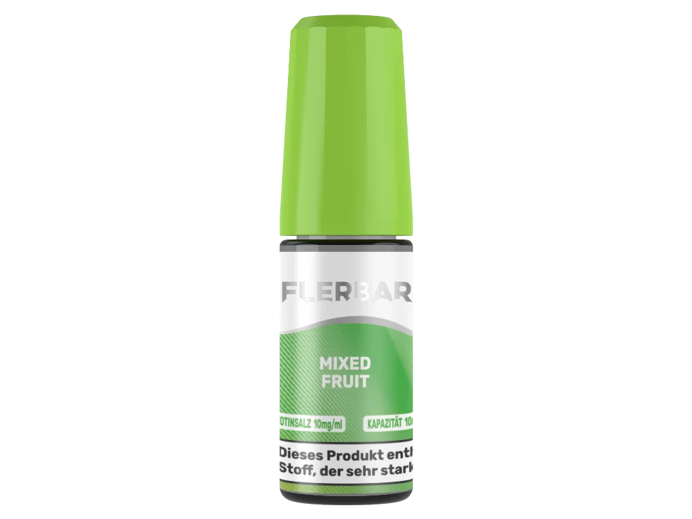 Flerbar Mixed Fruit 10ml Nikotinsalz-Liquid in grüner Flasche mit grünem Deckel, Vorderansicht