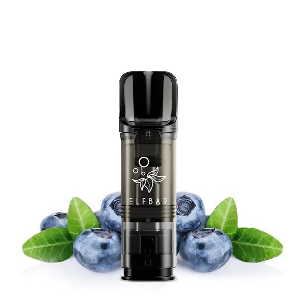 Einzelner schwarzer Elfbar Elfa Prefilled Pod Blueberry 0mg/ml mit Heidelbeeren im Hintergrund