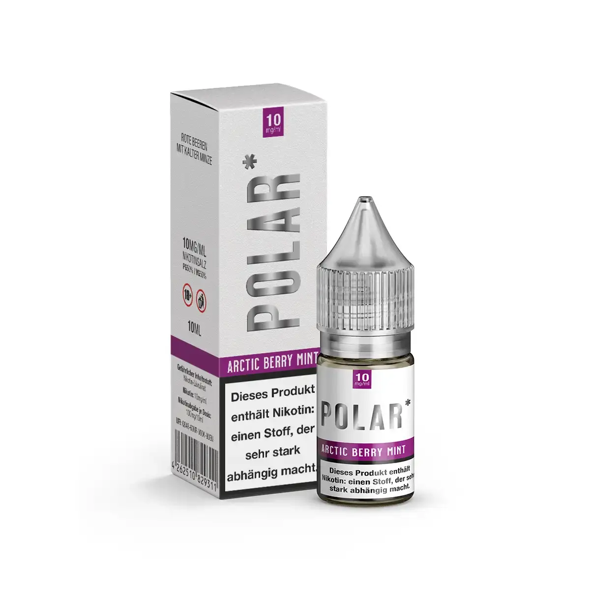 TNT Vape Polar Arctic Berry Mint Nikotinsalz-Liquid 10ml Flasche mit weißer Verpackung, lila Schrift