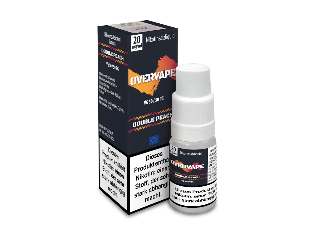 overvape_nicsalt_double-peach_20mg_1000x750.png Overvape Double Peach 10ml Nikotinsalz-Liquid – Flasche mit schwarzer Schachtel, orangefarbener Akzent, Seitenansicht