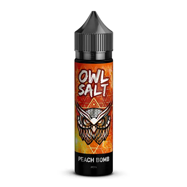 OWL Salt Longfill Peach Bomb 60ml Flasche in Orange mit Eule-Motiv, Frontalansicht