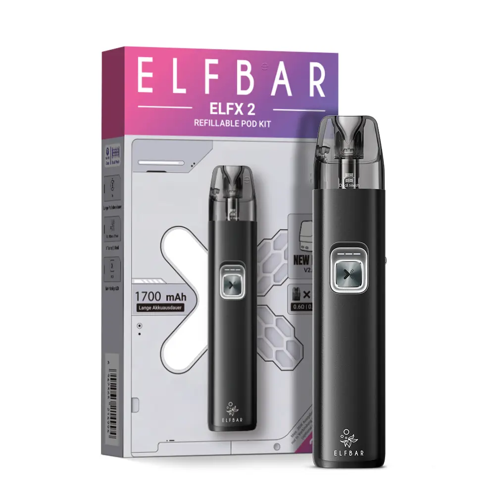 Elfbar ELFX 2 Refillable Kit in Schwarz mit Pod-Gerät und Originalverpackung