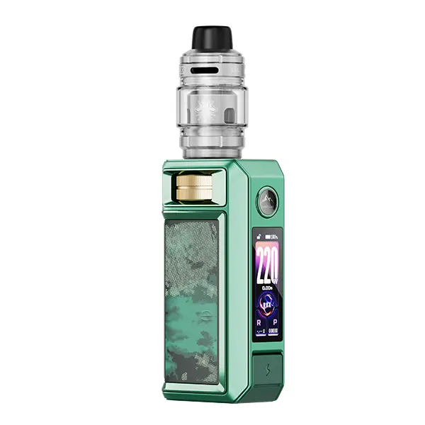 VooPoo Drag 6 Kit in Grün mit Marmor-Dekor und aufgesetztem Tank, Farbdisplay sichtbar