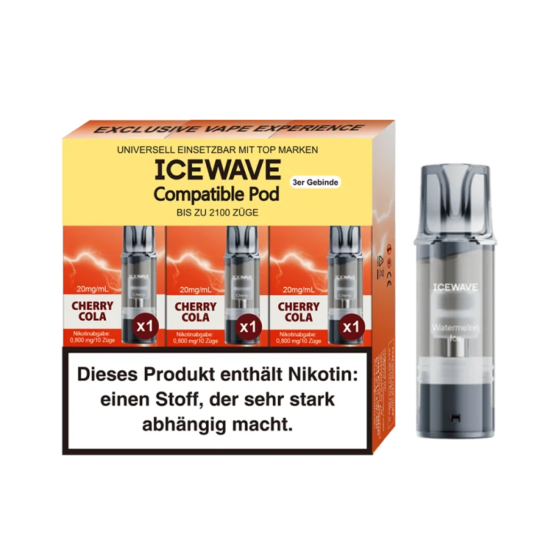 Icewave Prefilled Pod Cherry Cola – 3er-Packung mit rötlich-orangen Pods und einzelnem Pod auf orange-rotem Hintergrund