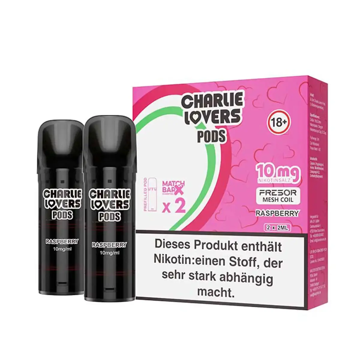 Charlie Lovers Prefilled Pod Raspberry 10mg, 2er-Pack in pink-weißer Verpackung