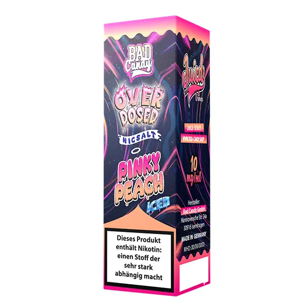 Bad Candy Juicd Series Pinky Peach Nikotinsalz-Liquid – pink-schwarze Faltschachtel der Overdosed-Linie