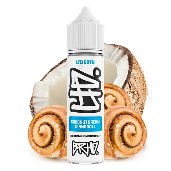 Barehead Coconut Cream Cinnaroll Longfill 60ml Flasche mit Kokosnuss und Zimtschnecken auf buntem Etikett
