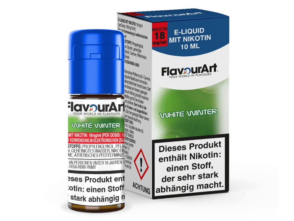 Flavourart White Winter 10ml eLiquid, grüne Box und Flasche, seitliche Produktansicht