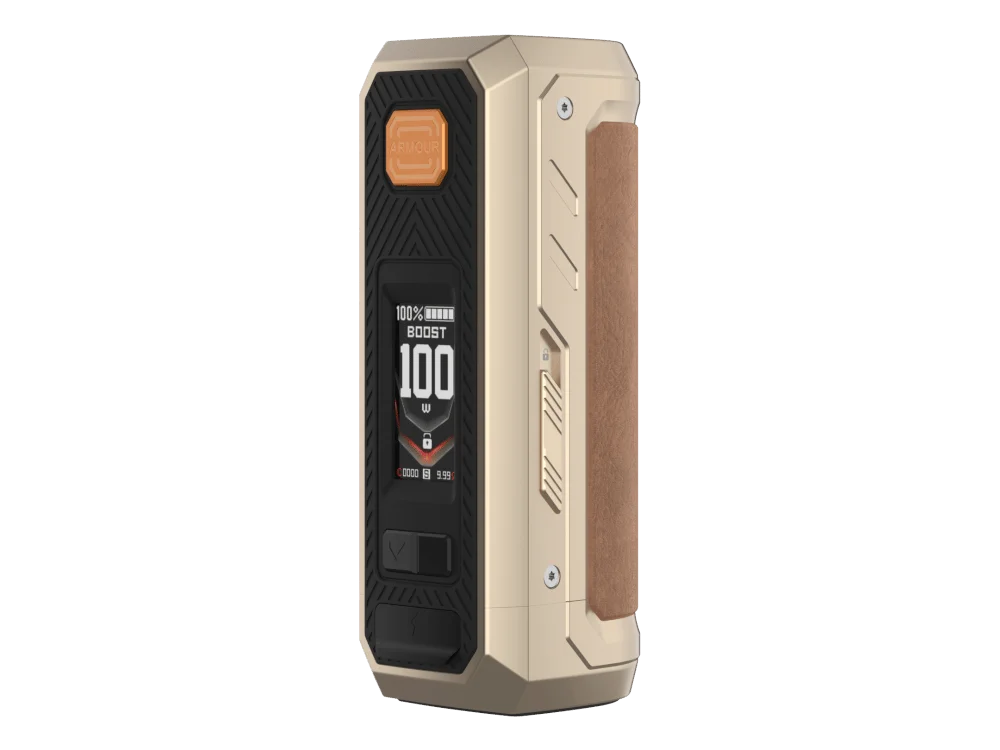 Vaporesso Armour Ultra Mod Akkuträger in Gold-Beige, Frontansicht mit Display