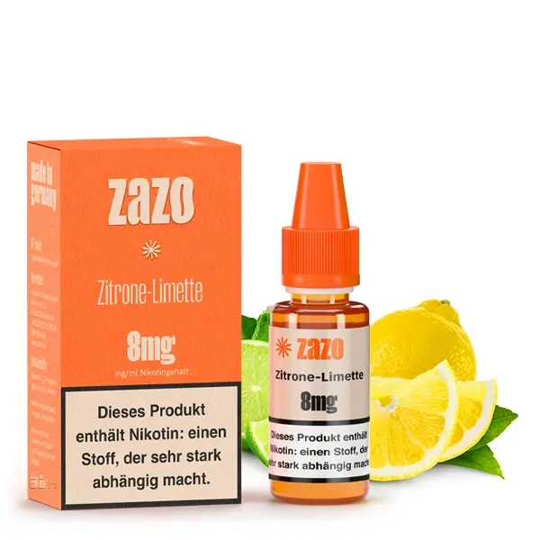 ZAZO Classics Zitrone-Limette 10ml Liquid 8mg – Schachtel und Flasche mit Zitrusmotiv, orange