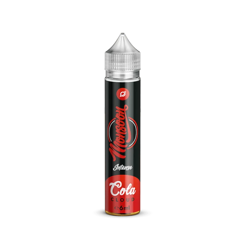 Monsoon Cola Cloud Longfill in schwarzer 20-ml-Flasche mit rotem Etikett und weißem Unicorn-Bottle-Aufsatz