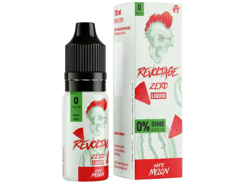 Revoltage White Melon Hybrid-Nikotinsalz-Liquid 10ml Flasche mit roter Melonen-Verpackung, Frontansicht
