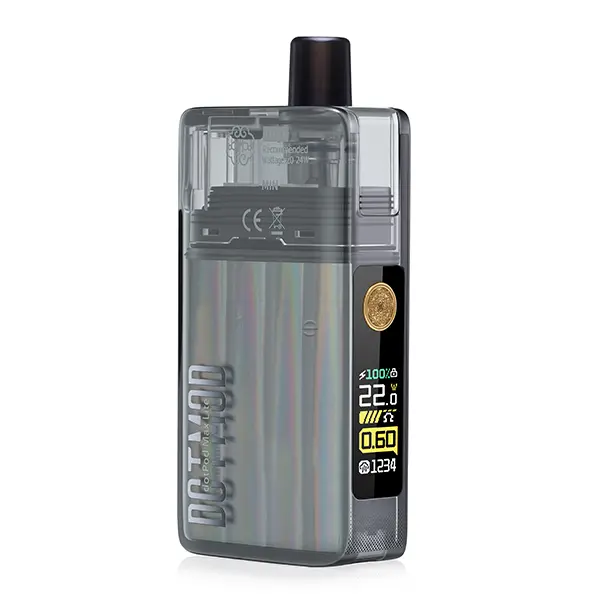 DotMod dotPod Max Lite Pod Kit in Grau-Transparent, Seitenansicht mit Display und Druckknopf