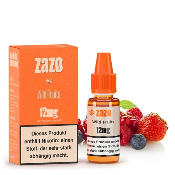 ZAZO Classics Wild Fruits 10ml Liquid mit orangem Etikett und Früchten-Motiv, 12mg, Flasche und Rückseite