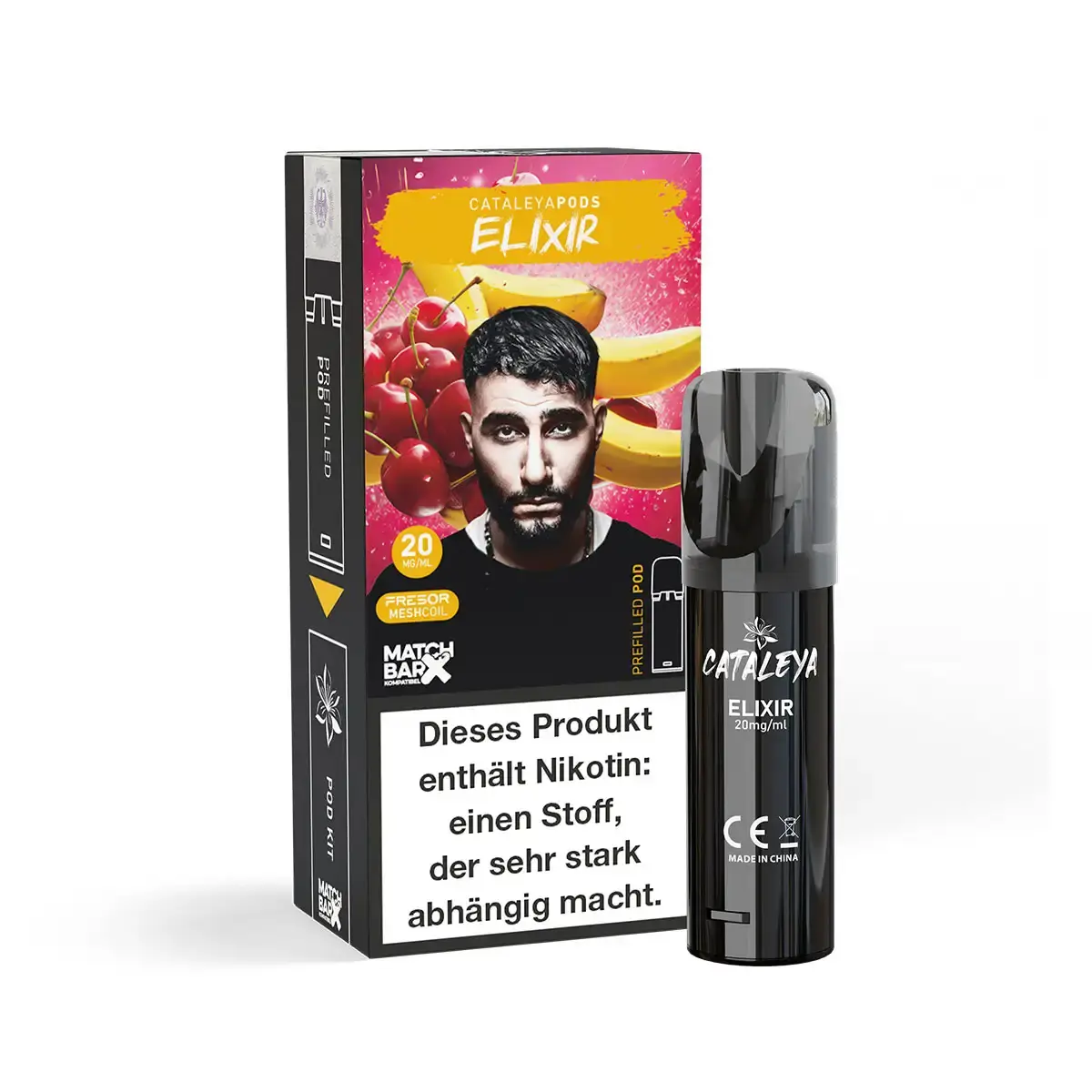 Cataleya Prefilled Pod Elixir – Verpackung in Pink-Schwarz mit Männerporträt und schwarzem Pod