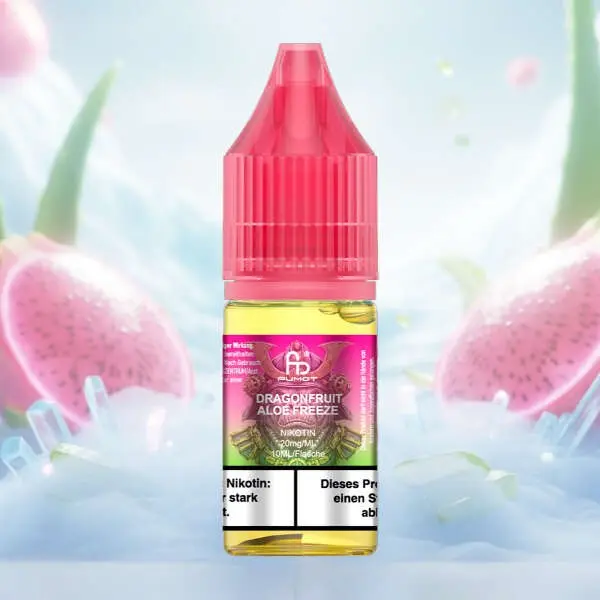 Fumot Dragonfruit Aloe Freeze Nikotinsalz-Liquid 10ml – pinkfarbene Flasche vor Blumen-Szenerie