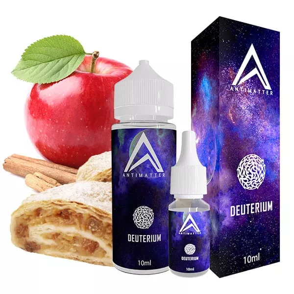 Antimatter Deuterium Longfill 10ml Flasche mit Apfel und Zimtschnecke im Hintergrund
