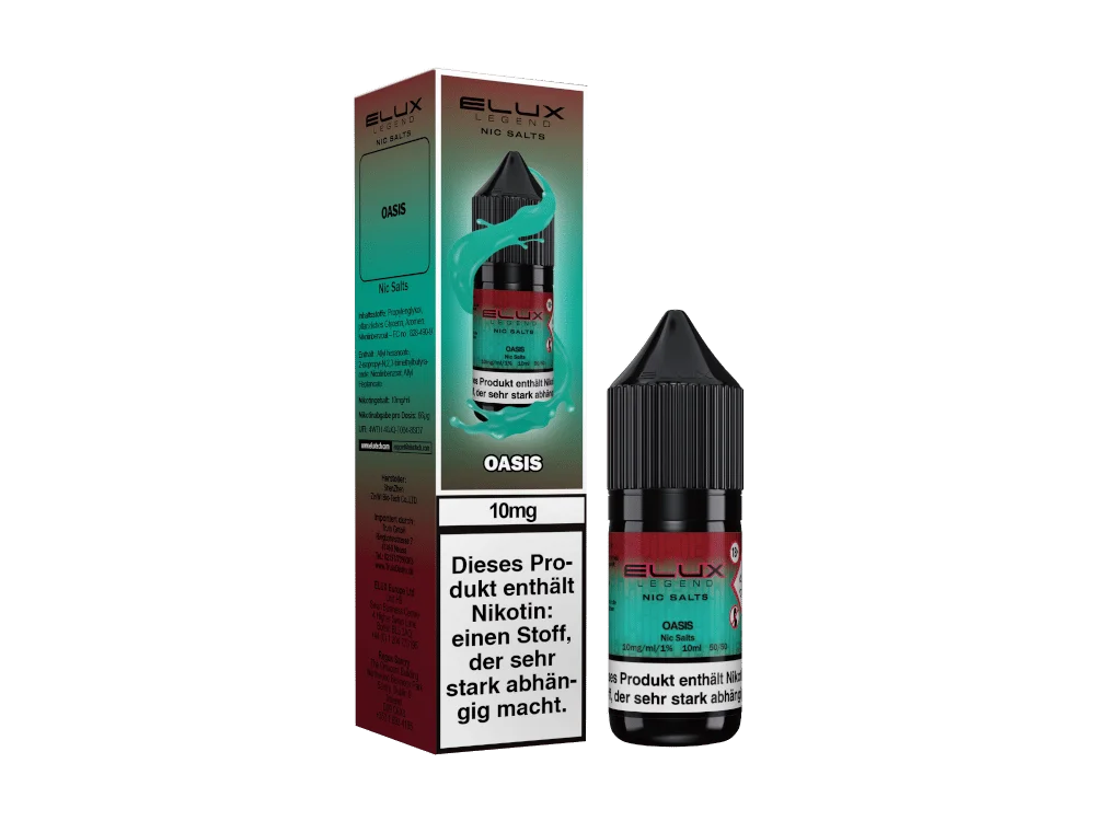 Elux Oasis 10ml Nikotinsalz-Liquid – Flasche mit rot-grüner Verpackung, Frontansicht