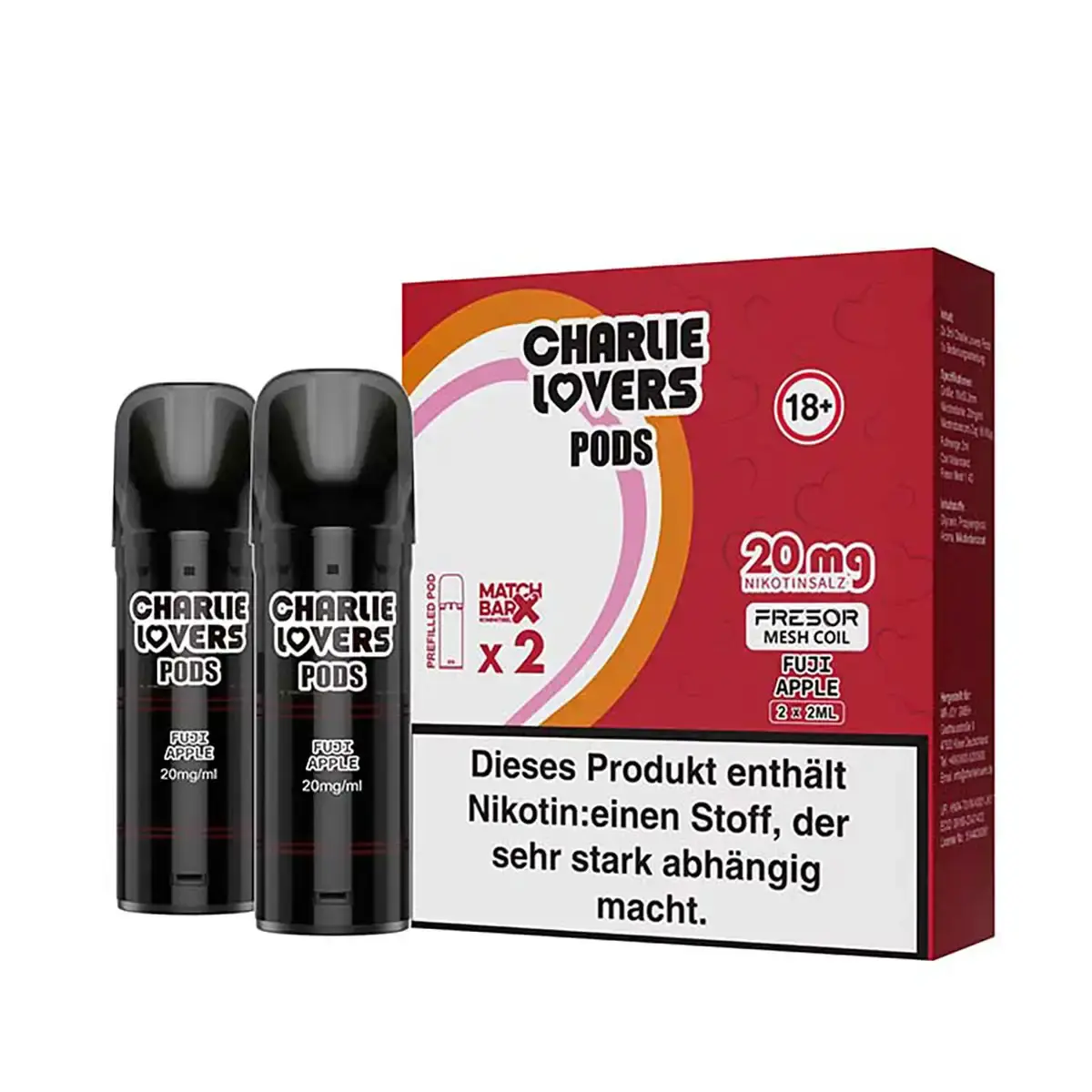 2 schwarze Charlie Lovers Prefilled Pods Fuji Apple in roter Verpackung, 20 mg Nikotin