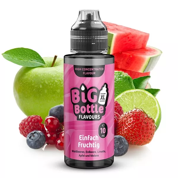 Big Bottle Einfach Fruchtig Longfill 10ml, Flasche mit pinkem Etikett, umgeben von Wassermelone, Apfel, Erdbeeren und Beeren