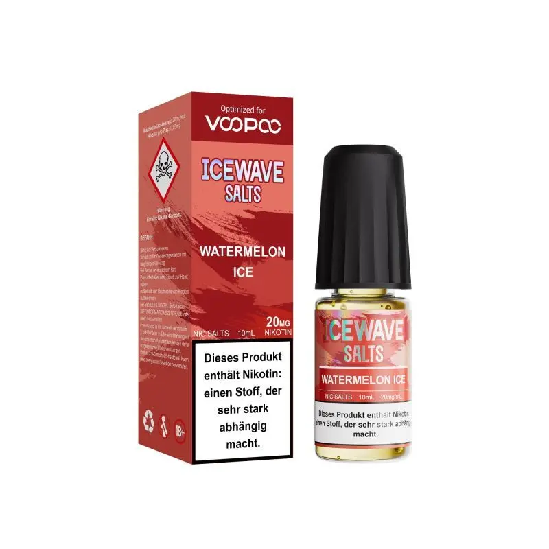 Icewave Watermelon Ice 10ml Nikotinsalz-Liquid – Flasche neben roter Box, leicht gedrehte Ansicht