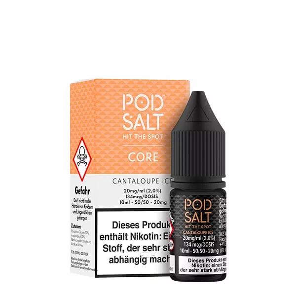 PodSalt Core Cantaloupe Ice 10ml Nikotinsalz-Liquid – Flasche mit Verpackungsschachtel