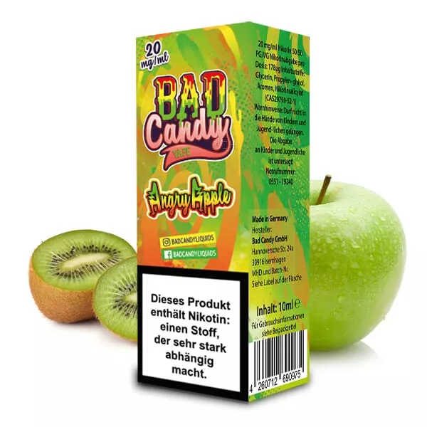 Bad Candy Angry Apple Nikotinsalz-Liquid 10ml, Flasche mit grün-orangem Etikett, Kiwi und Apfel auf der Verpackung abgebildet