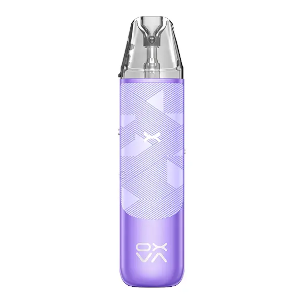 Oxva NeXlim Go Pod Kit in Lila mit geometrischem Muster, transparenter Pod und OXVA-Logo
