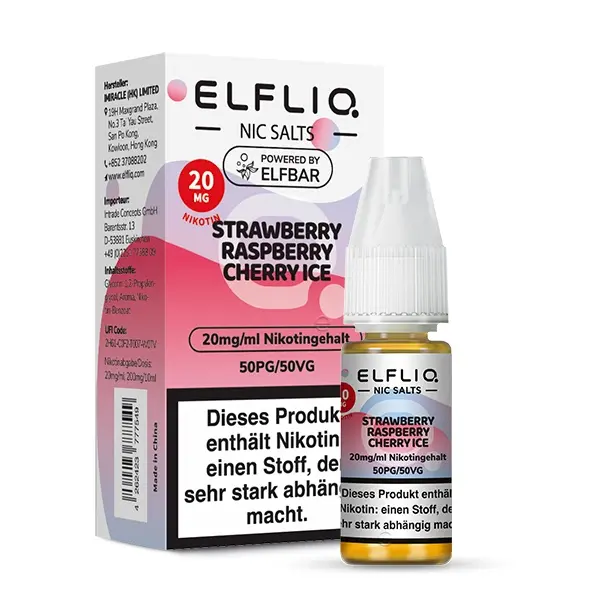 source11539.jpg Elfbar Elfliq Strawberry Raspberry Cherry Ice 10ml Nikotinsalz-Liquid 20mg, pinkfarbene Flasche Vorderansicht