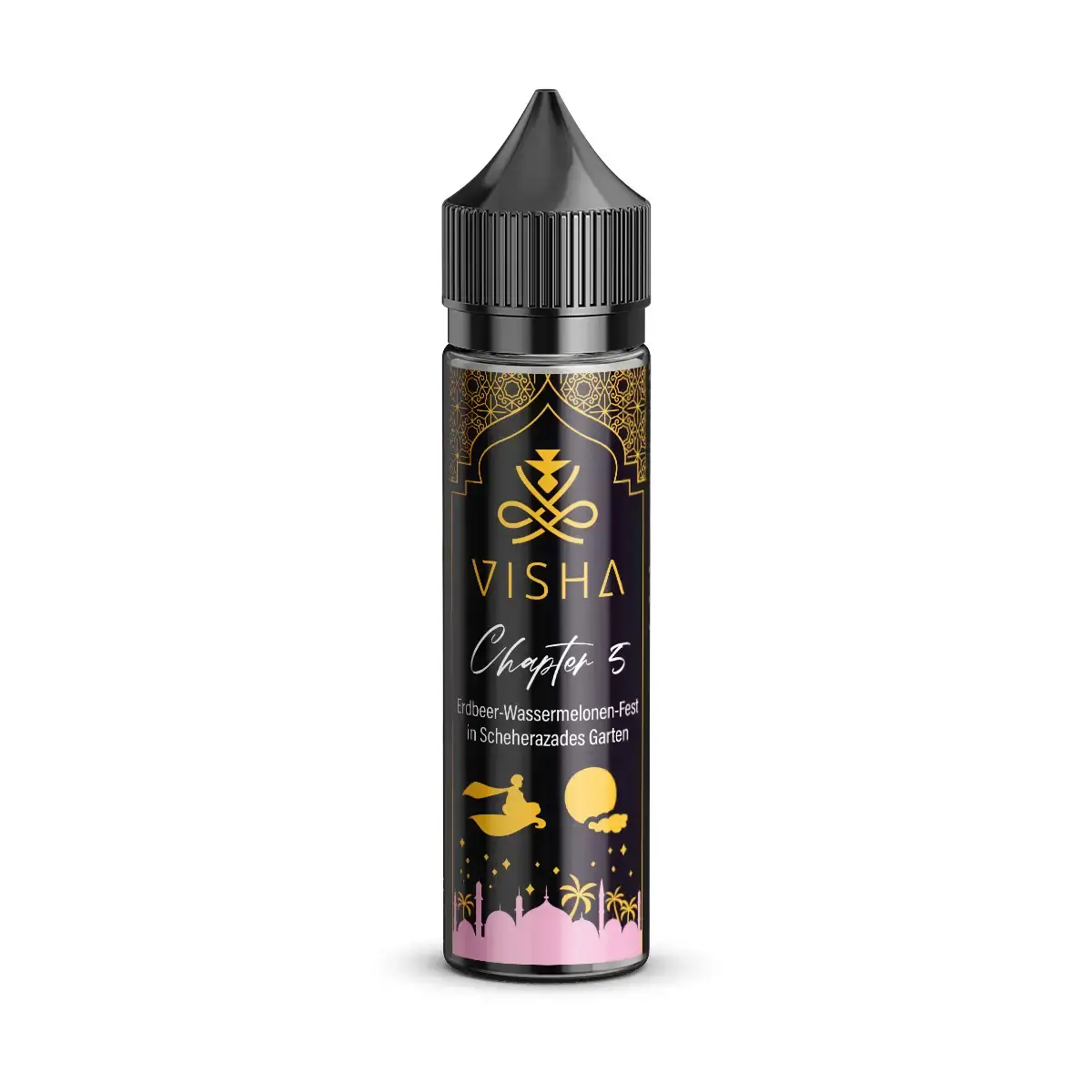Visha Chapter 5 Longfill – schwarze 60ml Flasche mit rosa-goldenem Fruchtmotiv aus Banane und Beeren