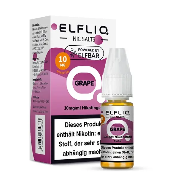 Elfbar Elfliq Grape Nikotinsalz-Liquid 10ml mit lila Verpackungskarton, Frontansicht