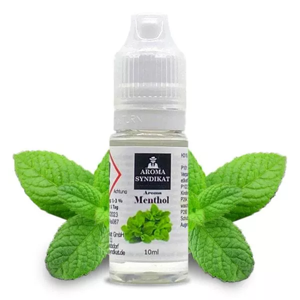 Aroma Syndikat Menthol 10ml Aroma kleine Flasche umgeben von frischen Minzblättern