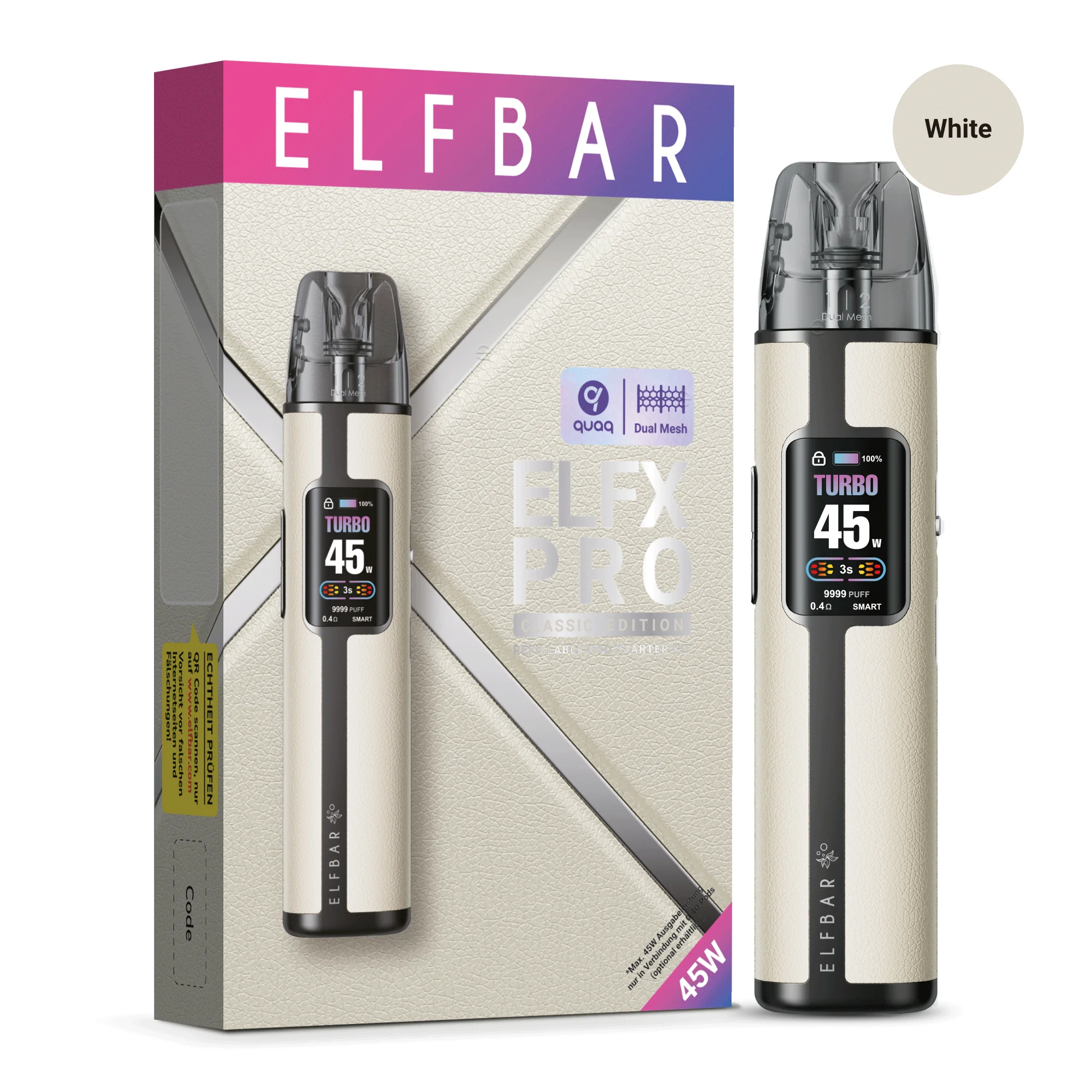 Elfbar ELFX Pro Refillable Kit in Weiß – Gerät mit Pod und Verpackung, Frontansicht