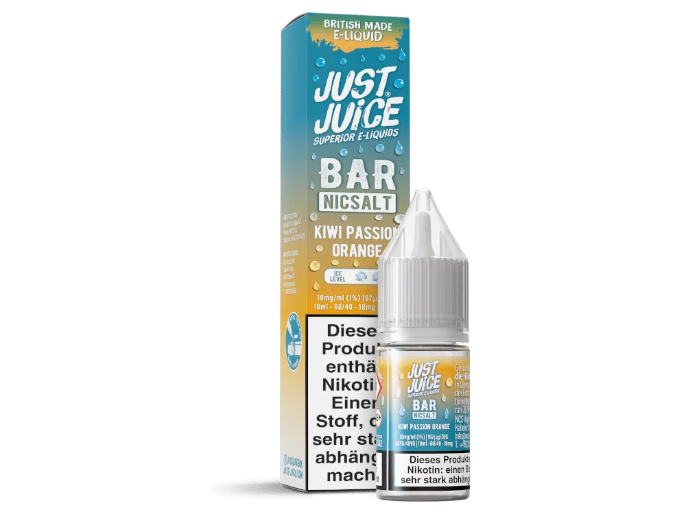 Just Juice Bar Range Kiwi Passion Orange 10ml Nikotinsalz-Liquid, Flasche mit türkis-oranger Verpackung, Vorderansicht