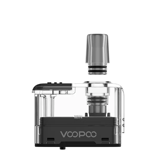 VooPoo Doric Go Ersatz-Pod transparent mit Coil, schwarzer Rahmen, Frontalansicht