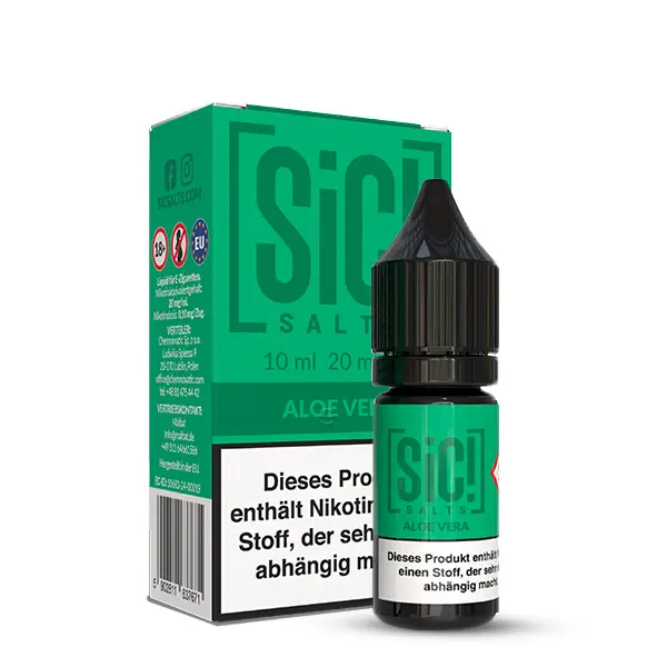 SiC! Salts Aloe Vera Nikotinsalz-Liquid 10ml Flasche mit grüner Verpackungsschachtel, Frontansicht