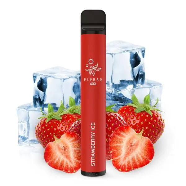 Elfbar 600 Einweg E-Zigarette Strawberry Ice in Rot mit Eiswürfeln und Erdbeeren, 20 mg/ml