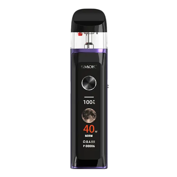 Smok Novo 6 Ultra Pod Kit in Schwarz-Lila mit OLED-Display, zeigt 100% Akkustand und 40W Leistung
