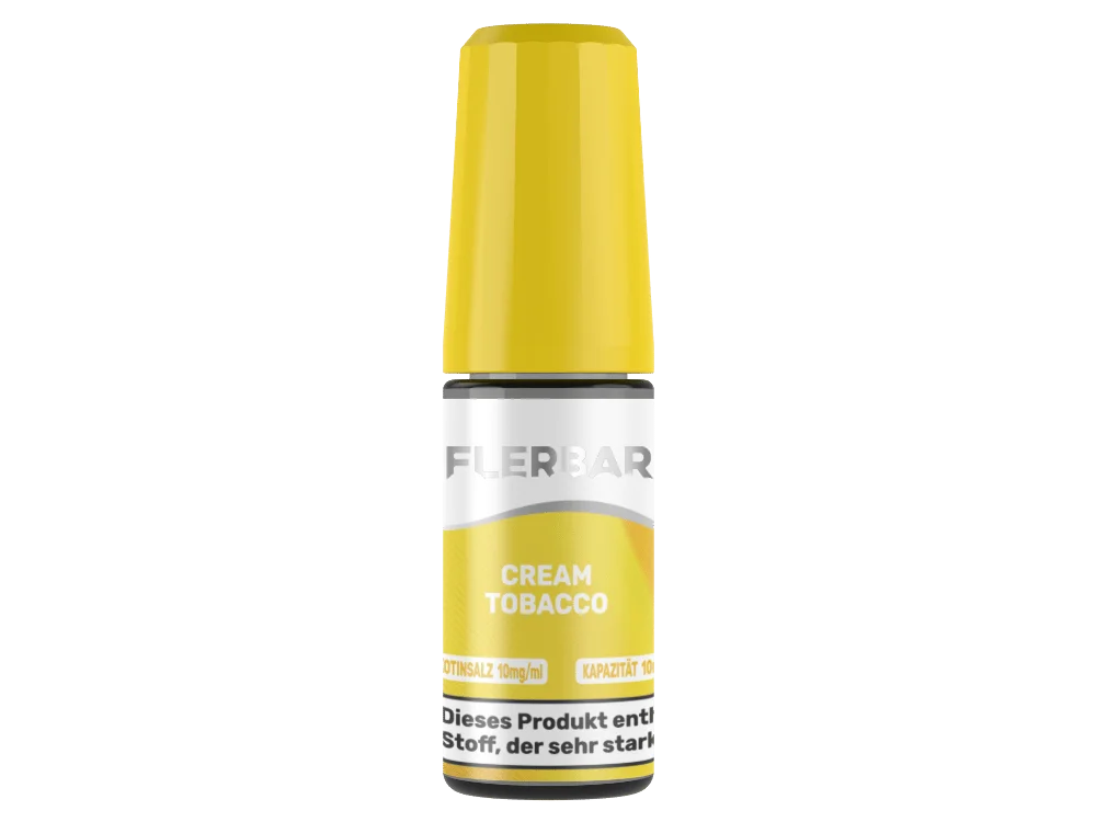 Flerbar Cream Tobacco 10ml Nikotinsalz-Liquid in gelber Flasche mit gelbem Deckel, Vorderansicht