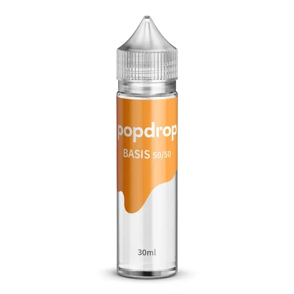 Popdrop Basis 50/50 30ml – transparente Flasche mit orangem Etikett, Vorderansicht