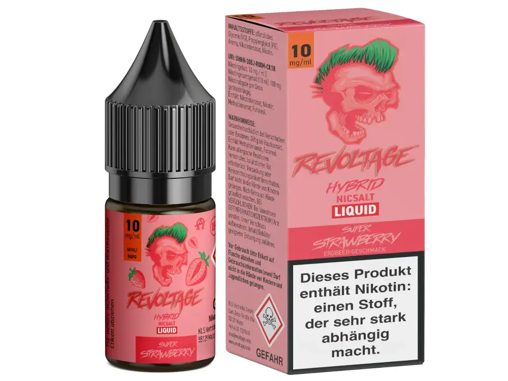 Revoltage Super Strawberry Hybrid-Nikotinsalz-Liquid 10ml, pinke Flasche mit Erdbeer-Motiv, 10mg