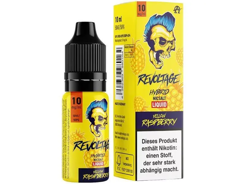 Revoltage Yellow Raspberry Hybrid-Nikotinsalz-Liquid 10ml, gelbe Flasche mit Warnhinweis-Rückseite