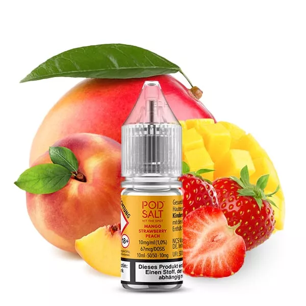 PodSalt Xtra Mango Strawberry Peach Nikotinsalz-Liquid 10ml Flasche mit Mango, Erdbeere und Pfirsich