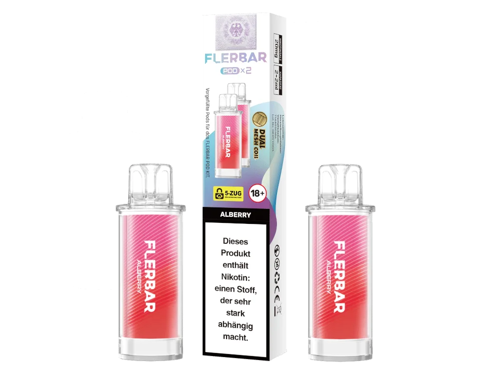 Flerbar Prefilled Pod Alberry 2er-Pack, zwei rosa Pods mit farbiger Verpackung