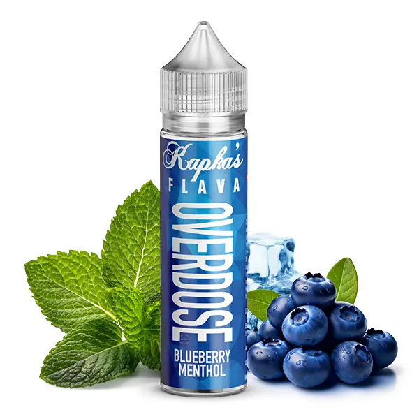Kapka's Flava Overdose Blueberry Menthol Longfill 60-ml-Flasche, blaues Etikett, Blaubeeren und Minzblätter