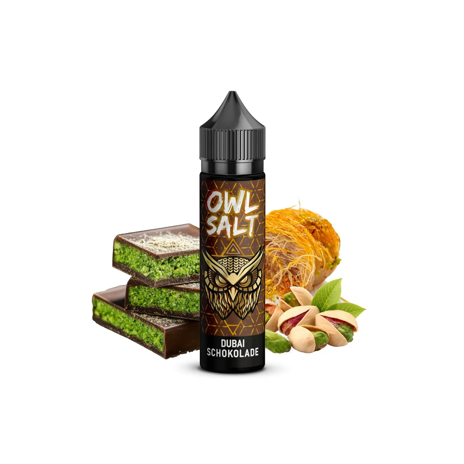 OWL Salt Dubai Schokolade Longfill 20ml Flasche mit Pistazienschokolade und Pistazien im Hintergrund