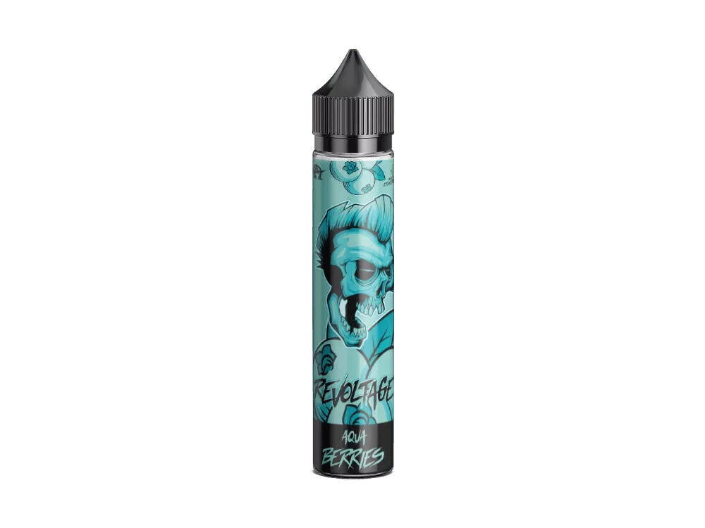 Revoltage Aqua Berries Longfill 60ml Flasche mit türkis-blauem Design und Portrait-Illustration