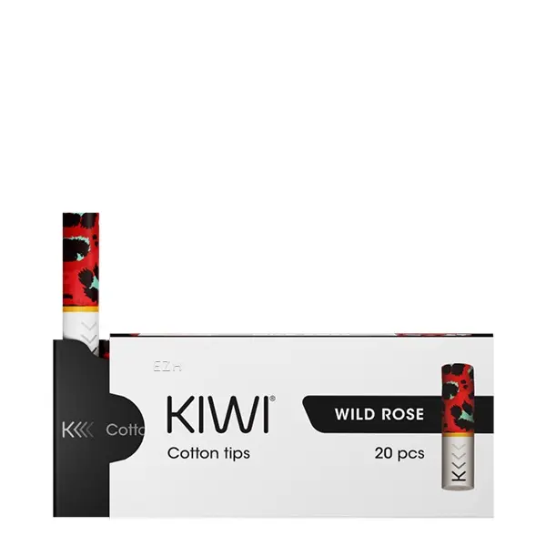 Kiwi Cotton Tips Wild Rose 20er-Pack – Packung mit rot-schwarz gemustertem Filter-Mundstück