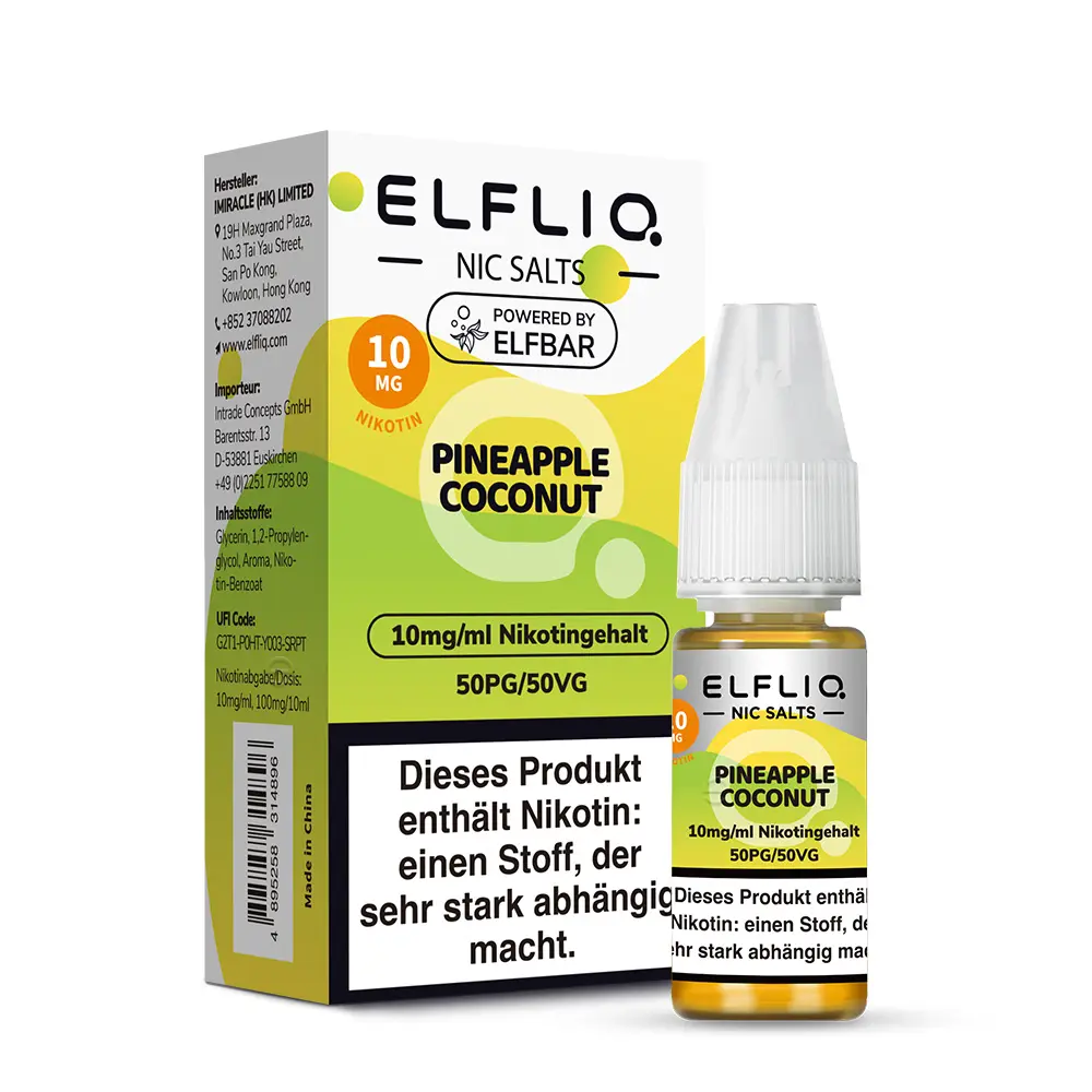 Elfliq Pineapple Coconut 10ml Nikotinsalz-Liquid von Elfbar – Flasche mit gelbem Etikett, 10 mg/ml